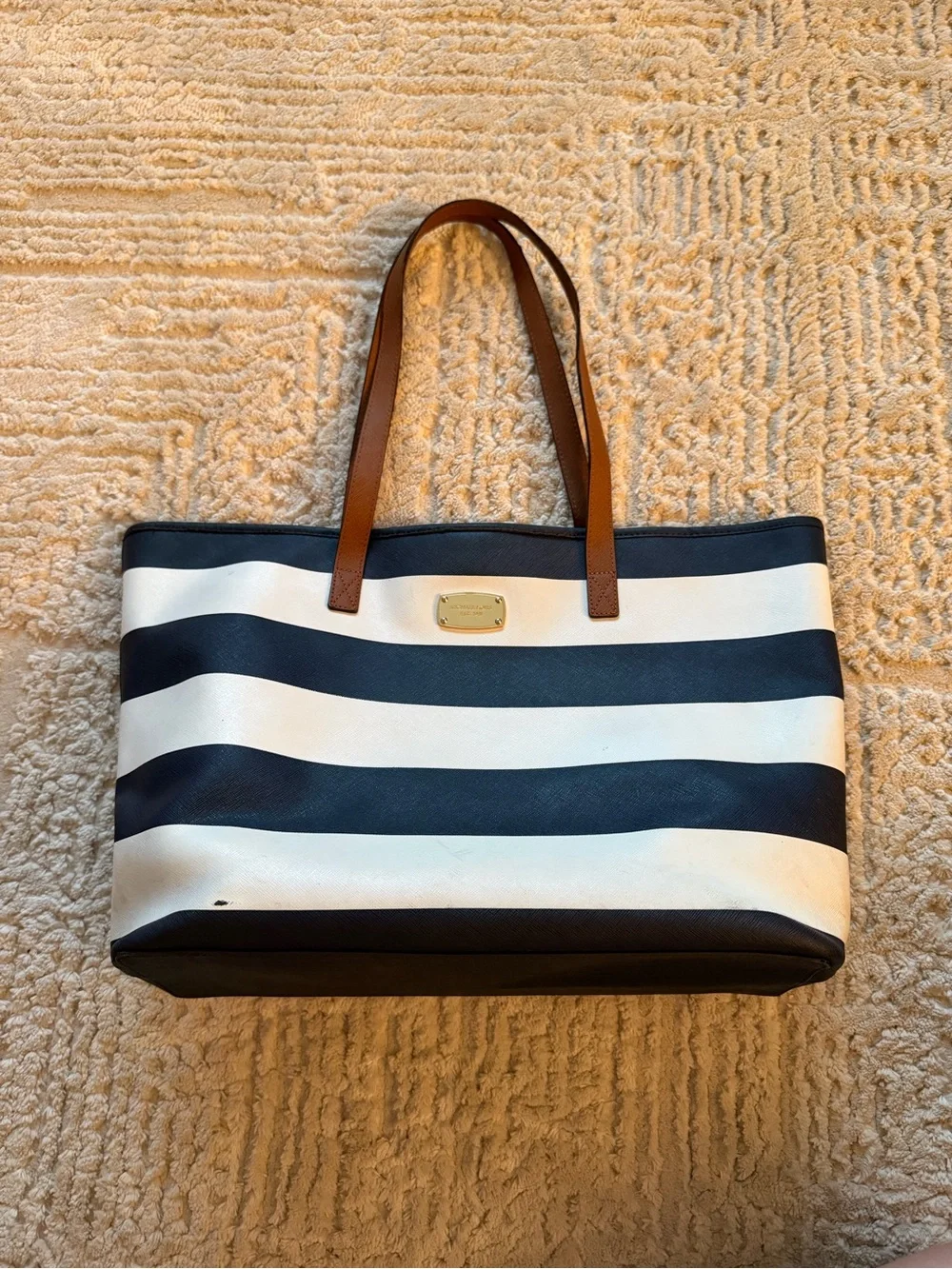 Michael Kors Jet Set Striped Navy & White Tote Bag with Brown Handles